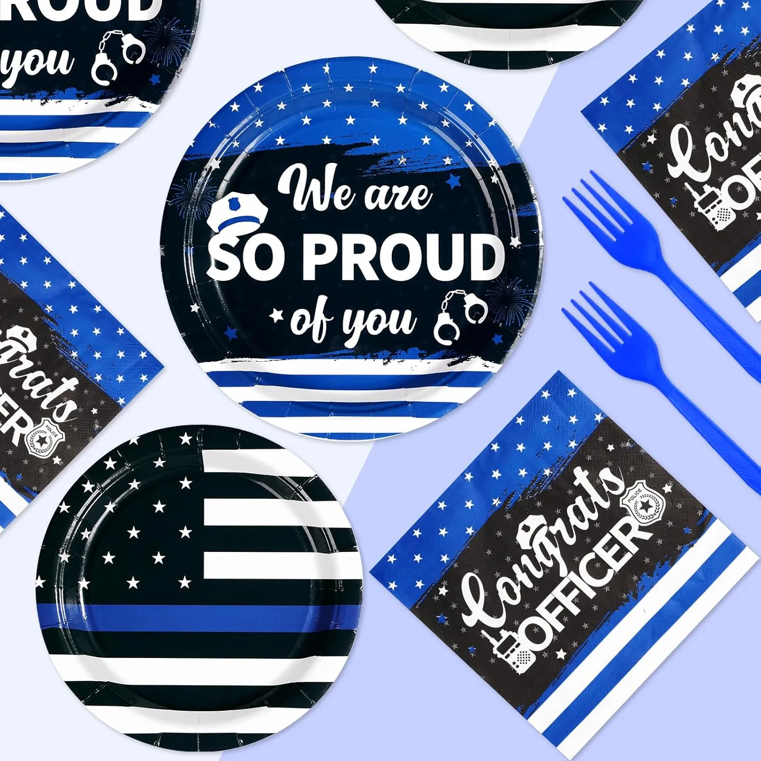 96Pcs Police Academy Graduate Party Supplies We Are So Proud Of You Police Theme Plates and Napkins Congrats Officer Party Decorations for Police Retirement Grad Graduation Promotion Party Serves 24