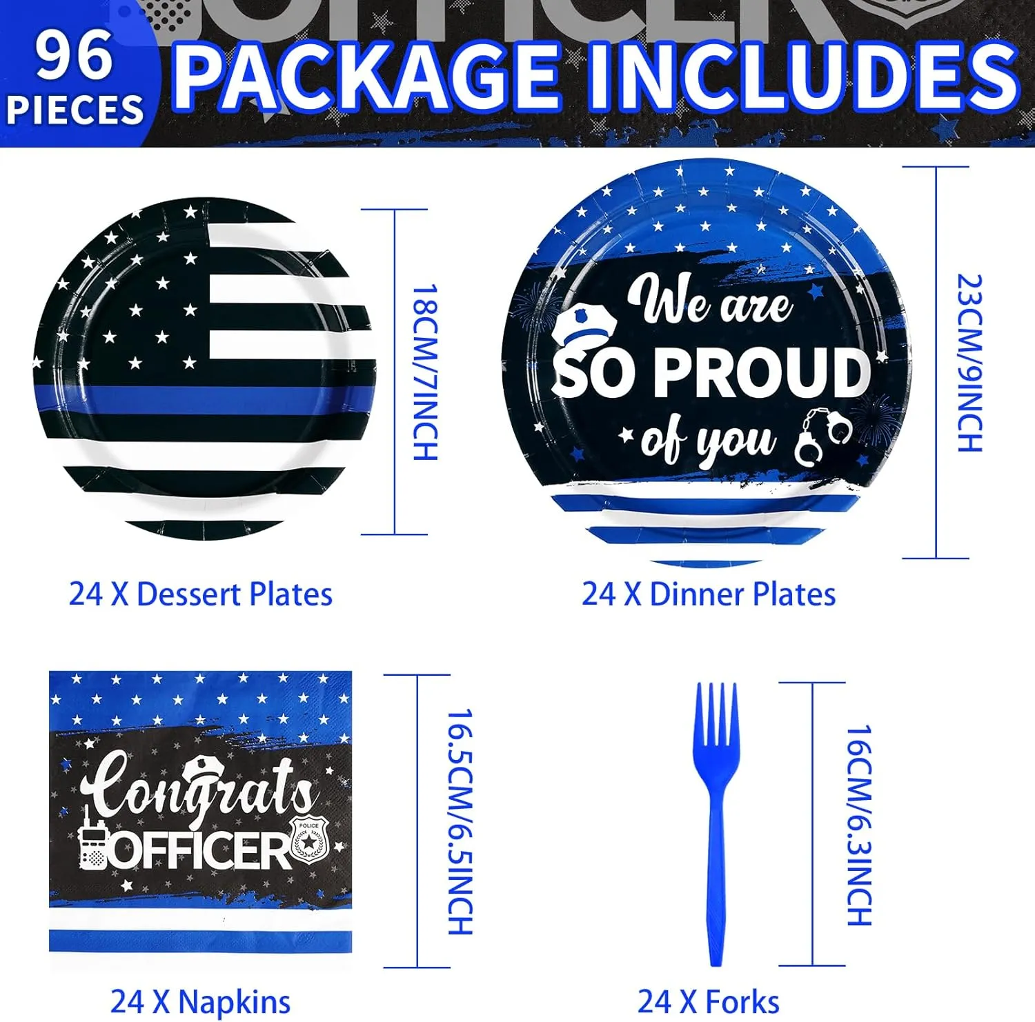 96Pcs Police Academy Graduate Party Supplies We Are So Proud Of You Police Theme Plates and Napkins Congrats Officer Party Decorations for Police Retirement Grad Graduation Promotion Party Serves 24