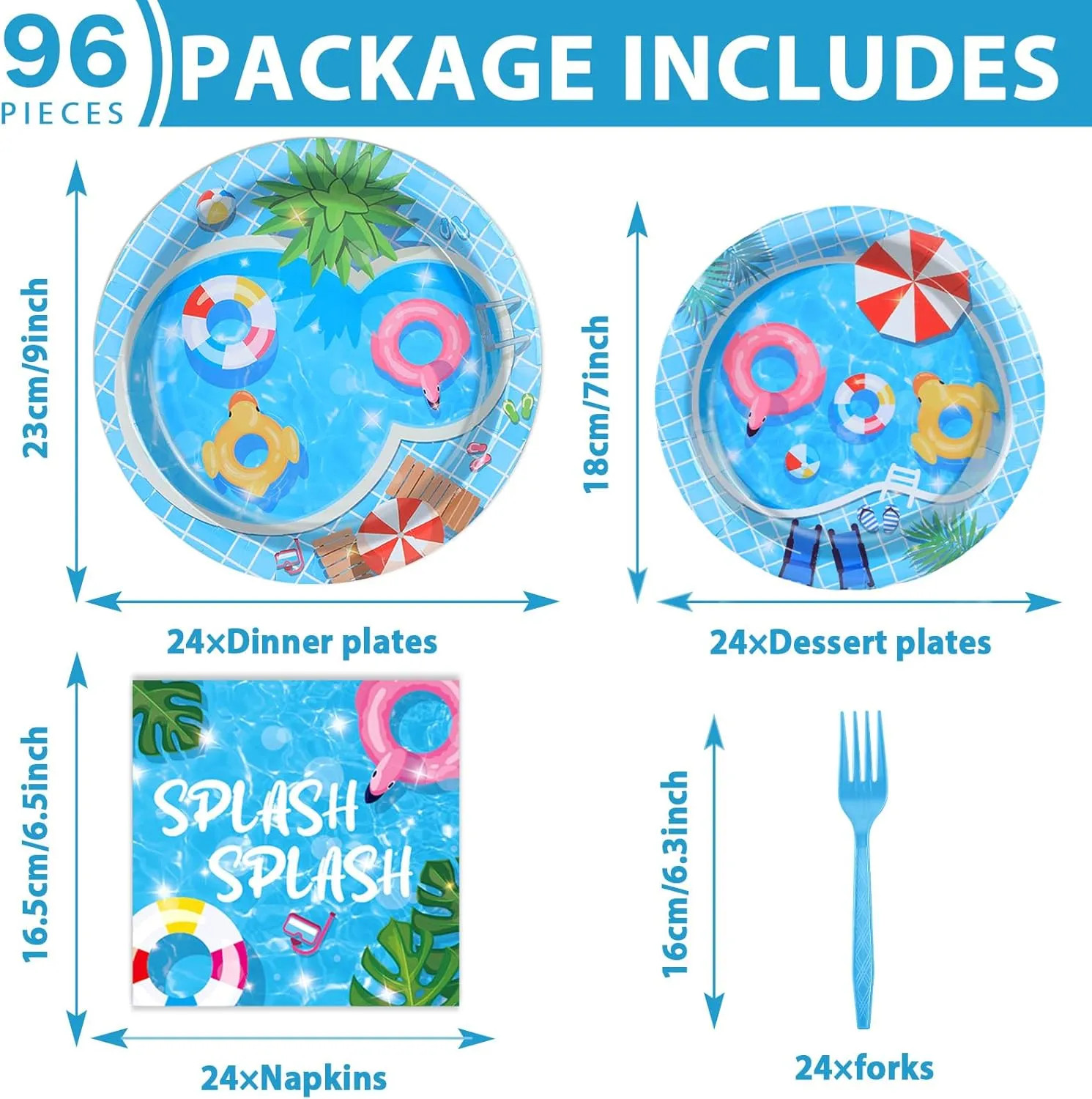 96Pcs Pool Party Supplies Summer Beach Paper Plates Napkins Summer Pool Party Decorations Hawaiian Beach Ball Dinnerware Party Favors Birthday Tableware Serves 24