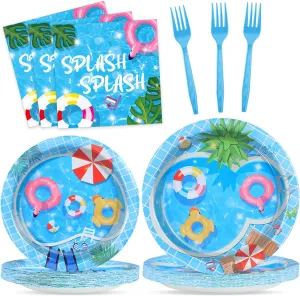 96Pcs Pool Party Supplies Summer Beach Paper Plates Napkins Summer Pool Party Decorations Hawaiian Beach Ball Dinnerware Party Favors Birthday Tableware Serves 24