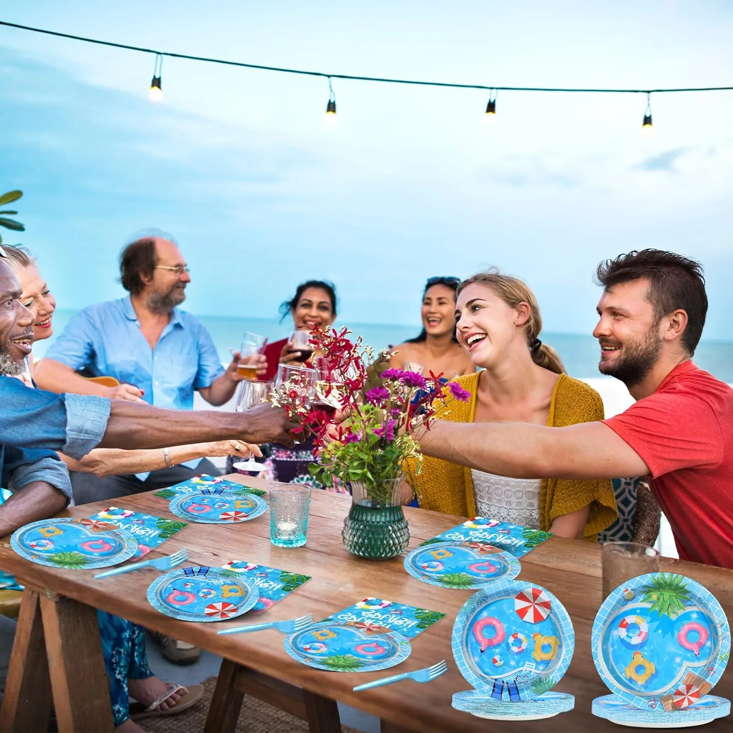 96Pcs Pool Party Supplies Summer Beach Paper Plates Napkins Summer Pool Party Decorations Hawaiian Beach Ball Dinnerware Party Favors Birthday Tableware Serves 24