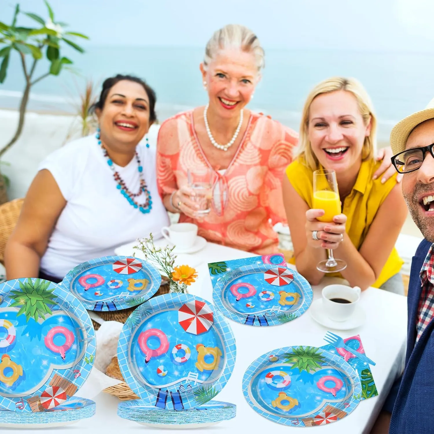 96Pcs Pool Party Supplies Summer Beach Paper Plates Napkins Summer Pool Party Decorations Hawaiian Beach Ball Dinnerware Party Favors Birthday Tableware Serves 24