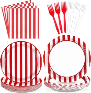 96Pcs Red and White Striped Party Supplies 350GSM Red and White Striped Paper Plates and Napkins Tableware Set Circus Theme Party Decorations for Carnival Birthday Picnic BBQ Christmas Decor Serves 24