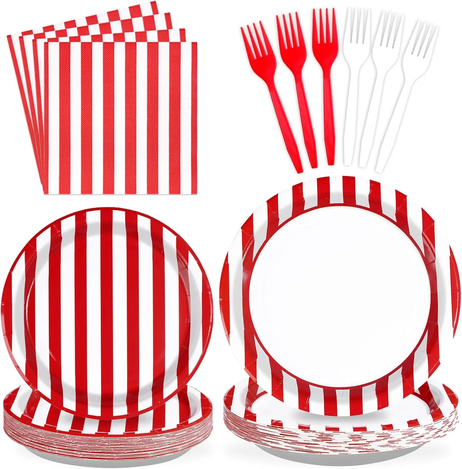 96Pcs Red and White Striped Party Supplies 350GSM Red and White Striped Paper Plates and Napkins Tableware Set Circus Theme Party Decorations for Carnival Birthday Picnic BBQ Christmas Decor Serves 24