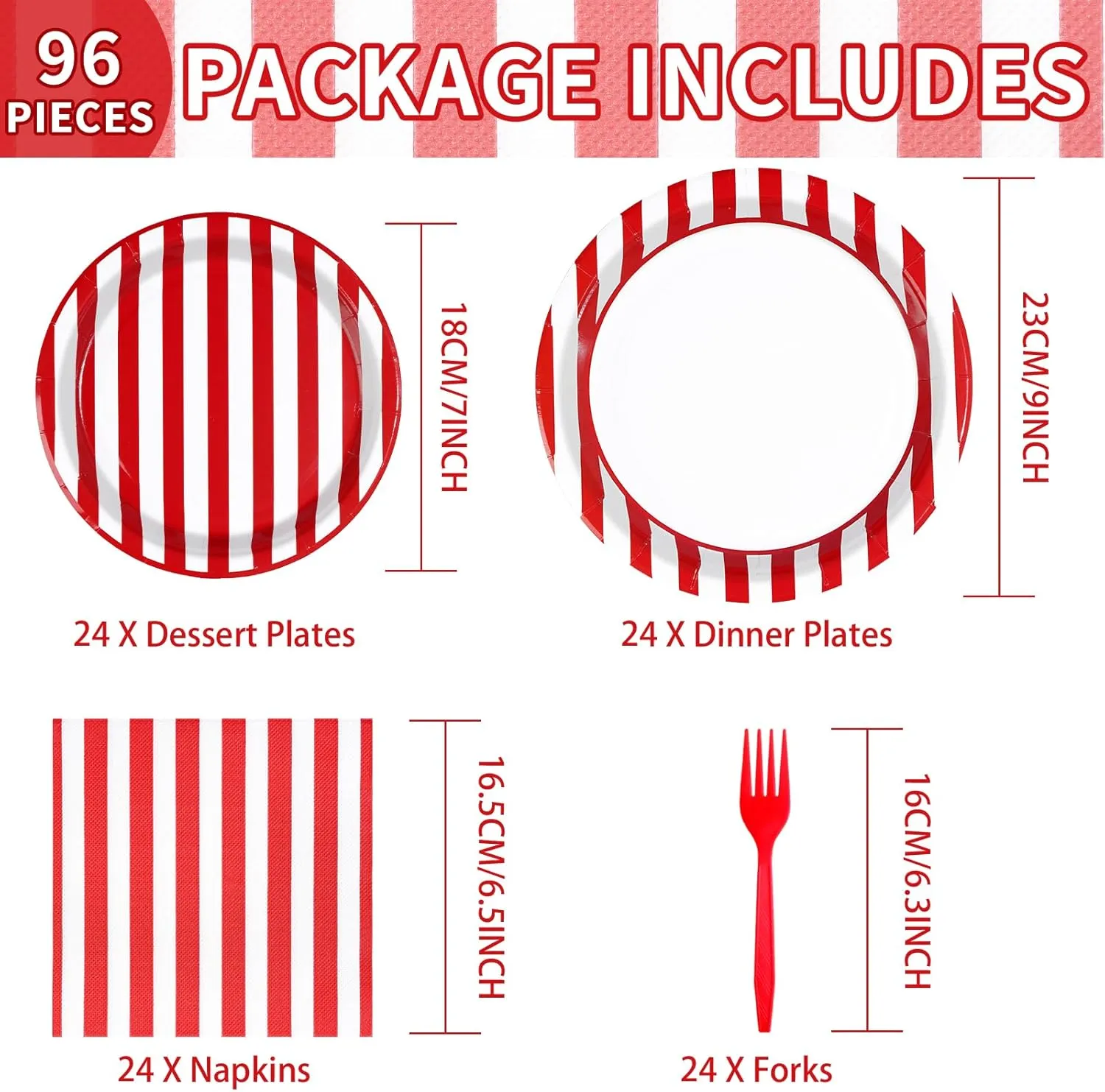 96Pcs Red and White Striped Party Supplies 350GSM Red and White Striped Paper Plates and Napkins Tableware Set Circus Theme Party Decorations for Carnival Birthday Picnic BBQ Christmas Decor Serves 24
