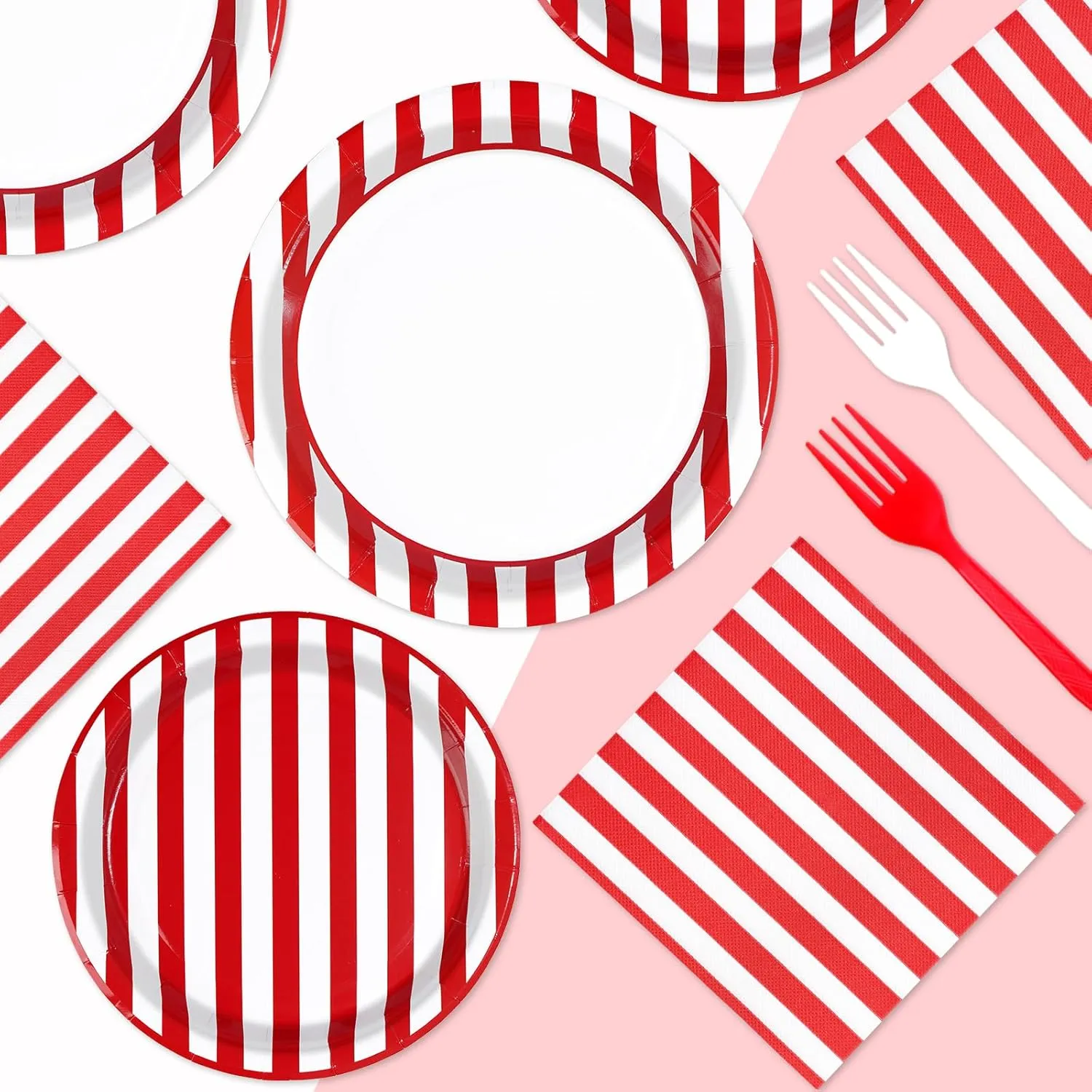 96Pcs Red and White Striped Party Supplies 350GSM Red and White Striped Paper Plates and Napkins Tableware Set Circus Theme Party Decorations for Carnival Birthday Picnic BBQ Christmas Decor Serves 24