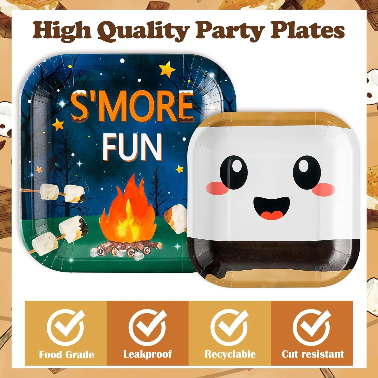 96Pcs S’Mores Camping Party Plates Supplies - S’More Love Fun Party Tableware Decorations Campfire Disposable Paper Plates Napkin Fork for Kid Camper Christmas Birthday Baby Shower, Serves 24