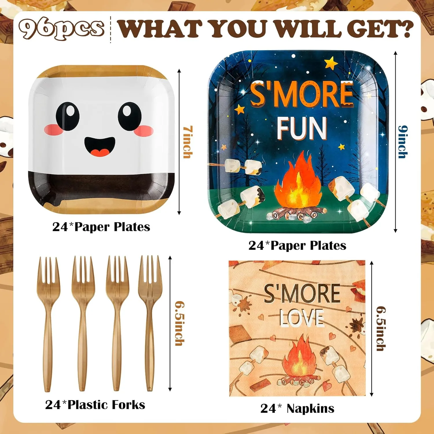 96Pcs S’Mores Camping Party Plates Supplies - S’More Love Fun Party Tableware Decorations Campfire Disposable Paper Plates Napkin Fork for Kid Camper Christmas Birthday Baby Shower, Serves 24