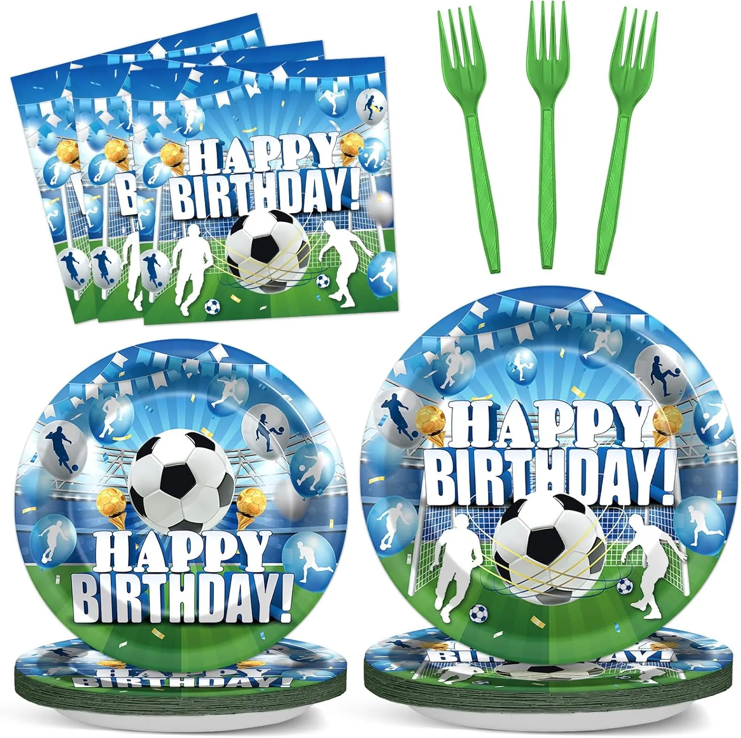 96Pcs Soccer Birthday Party Plates and Napkins Blue Soccer Birthday Party Supplies Sport Party Tableware Dinnerware Set Soccer Paper Dinner Dessert Plates Party Decoration Serve 24