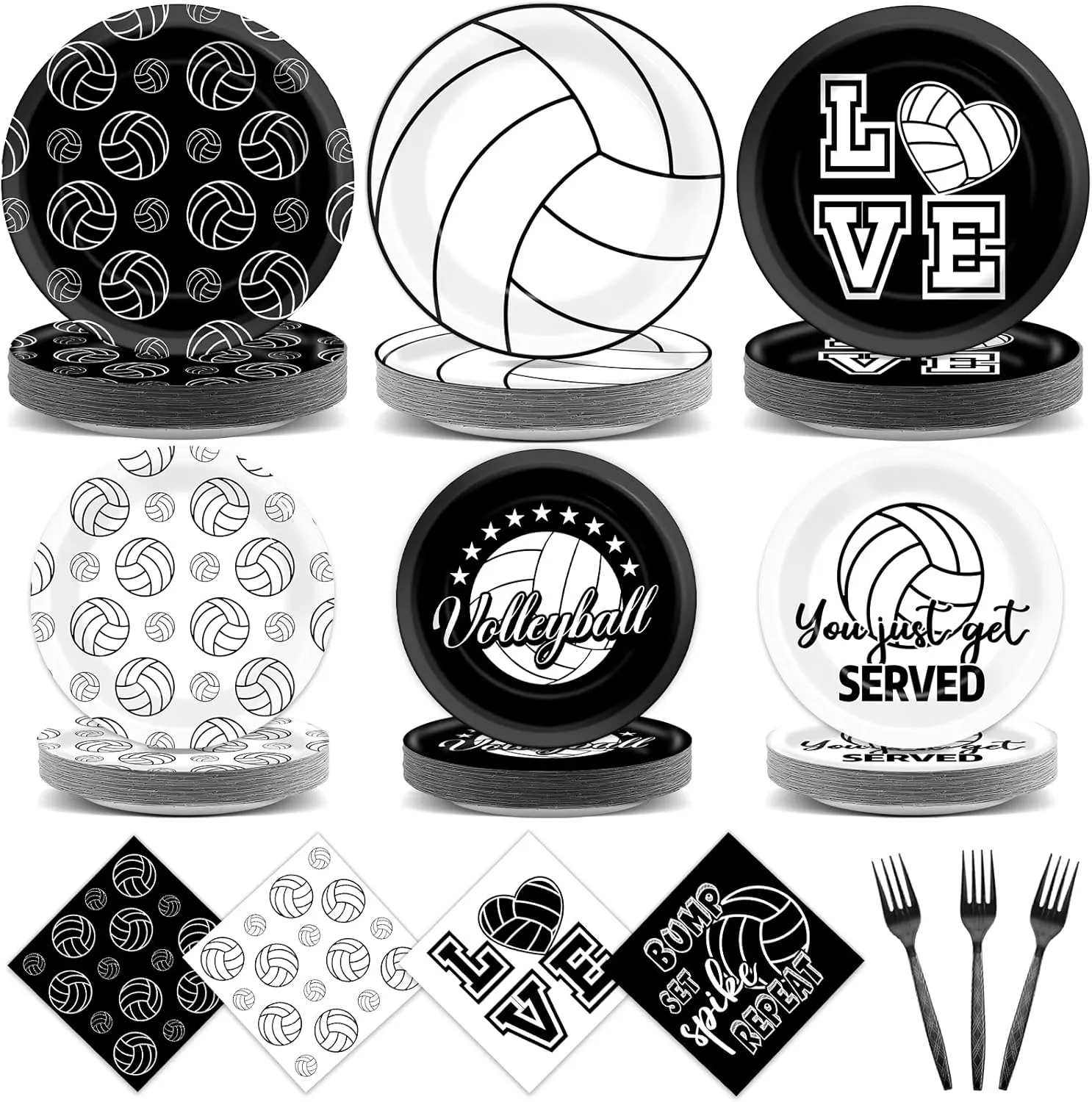 96Pcs Volleyball Birthday Party Decorations Volleyball Paper Plates Napkins Sports Themed Tableware Set Black White Sports Party Supplies Dinner Plates for Boys Girls Baby Shower Party Favors
