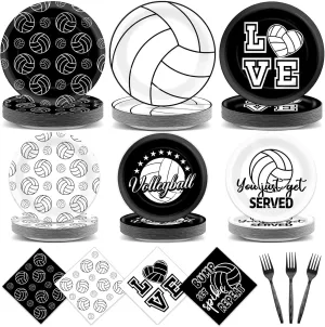 96Pcs Volleyball Birthday Party Decorations Volleyball Paper Plates Napkins Sports Themed Tableware Set Black White Sports Party Supplies Dinner Plates for Boys Girls Baby Shower Party Favors