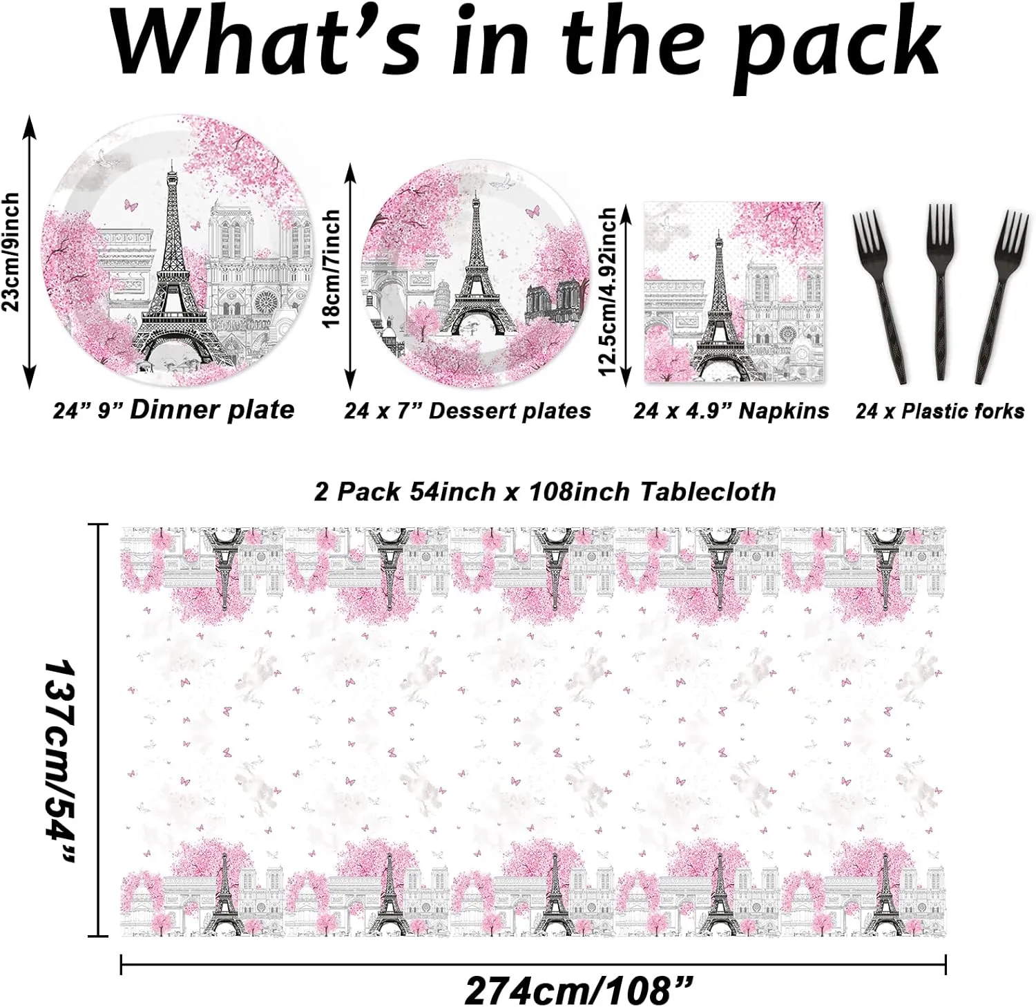 98 Pcs Paris Eiffel Tower Party Plates Napkins Paris Themed Party Decorations Supplies Pink Birthday Paper Tableware Set Tablecloth Dinnerware for Spring Kids Girls Weddings Favors 24 Guest