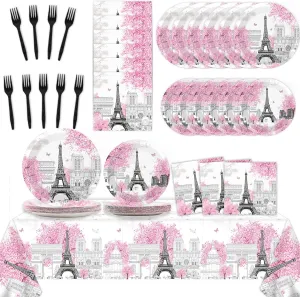 98 Pcs Paris Eiffel Tower Party Plates Napkins Paris Themed Party Decorations Supplies Pink Birthday Paper Tableware Set Tablecloth Dinnerware for Spring Kids Girls Weddings Favors 24 Guest