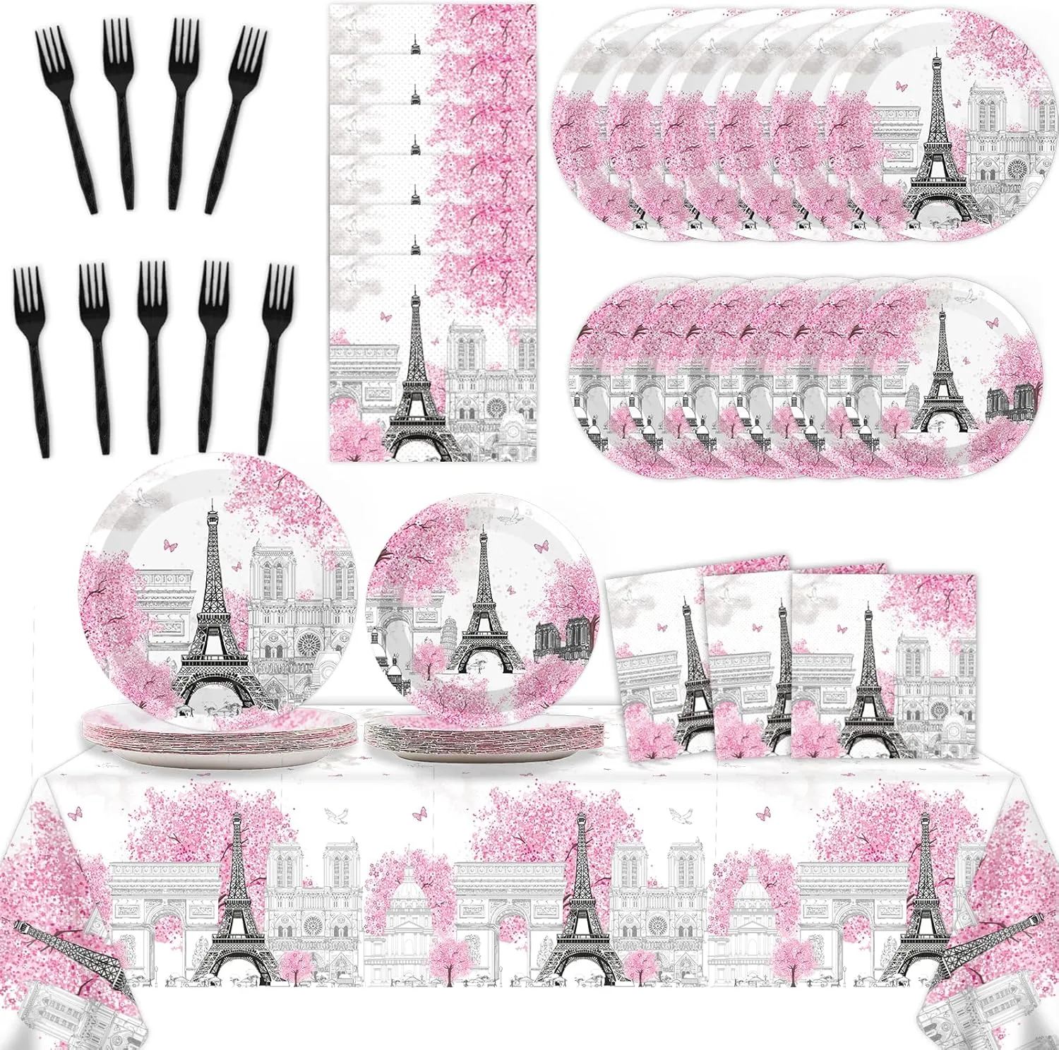 98 Pcs Paris Eiffel Tower Party Plates Napkins Paris Themed Party Decorations Supplies Pink Birthday Paper Tableware Set Tablecloth Dinnerware for Spring Kids Girls Weddings Favors 24 Guest