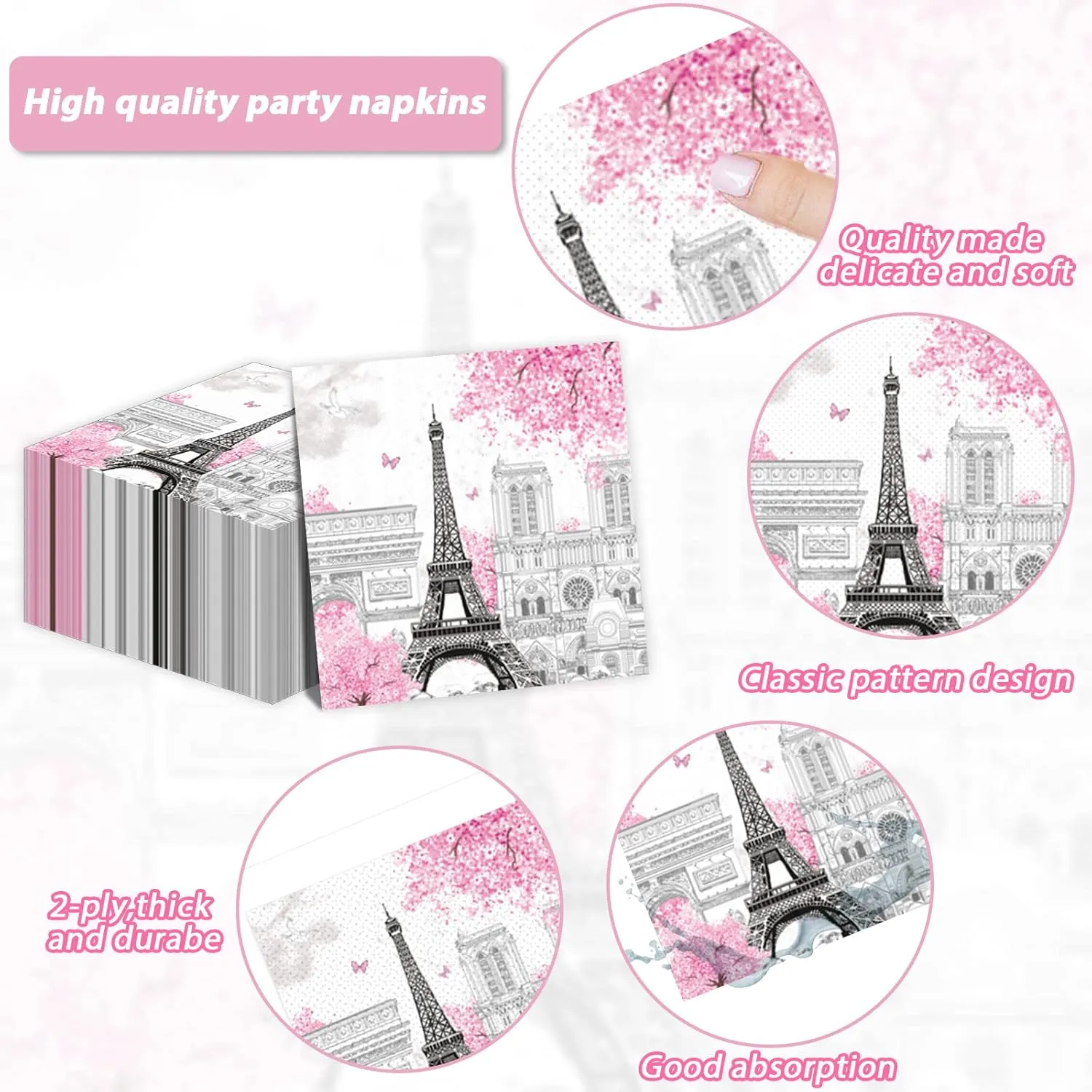 98 Pcs Paris Eiffel Tower Party Plates Napkins Paris Themed Party Decorations Supplies Pink Birthday Paper Tableware Set Tablecloth Dinnerware for Spring Kids Girls Weddings Favors 24 Guest