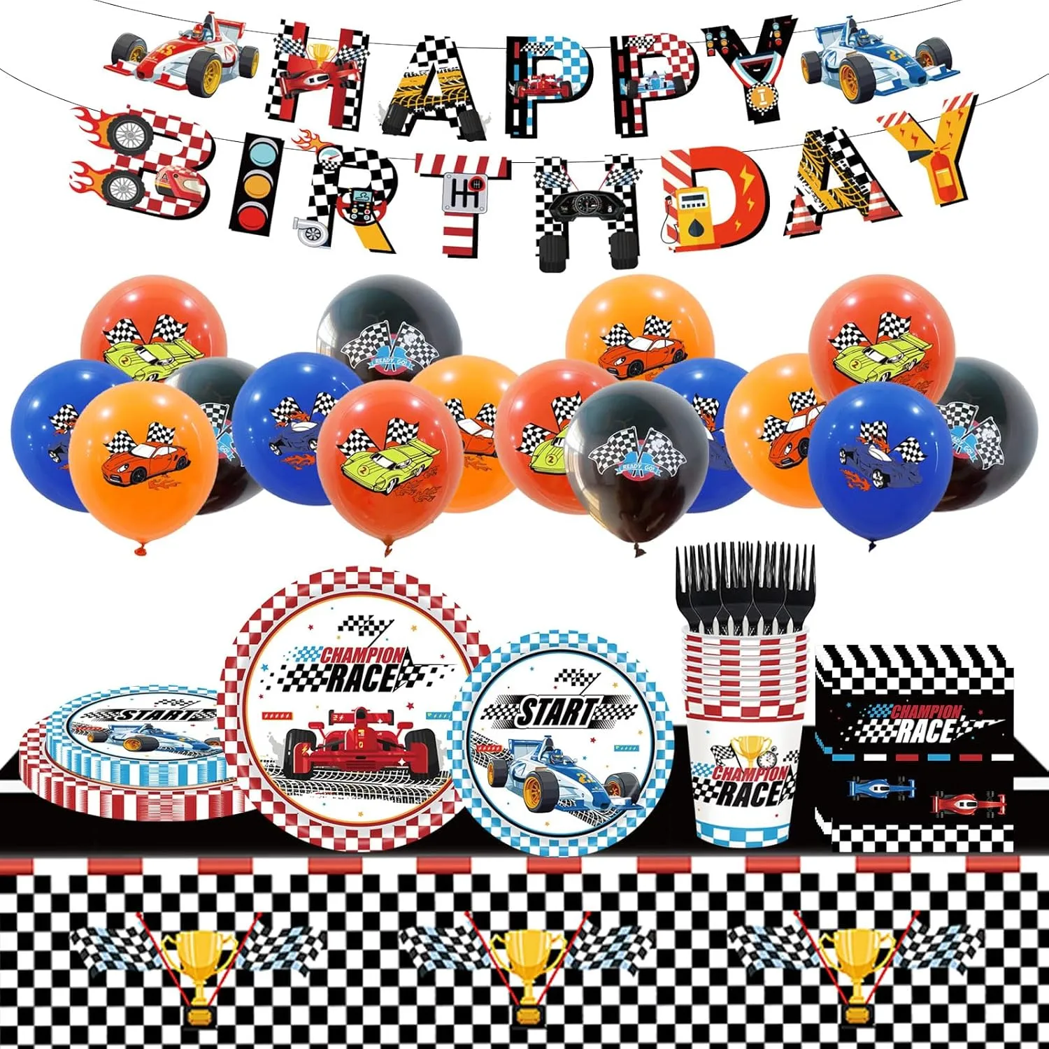 98PCS Race Car Birthday Party Supplies Racing Party Tableware Set Include Checkered Flag Race Car Paper Plates and Napkins Dinnerware Set Balloons Racing Car Theme Party Decorations Serve 16