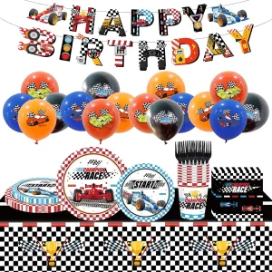 98PCS Race Car Birthday Party Supplies Racing Party Tableware Set Include Checkered Flag Race Car Paper Plates and Napkins Dinnerware Set Balloons Racing Car Theme Party Decorations Serve 16