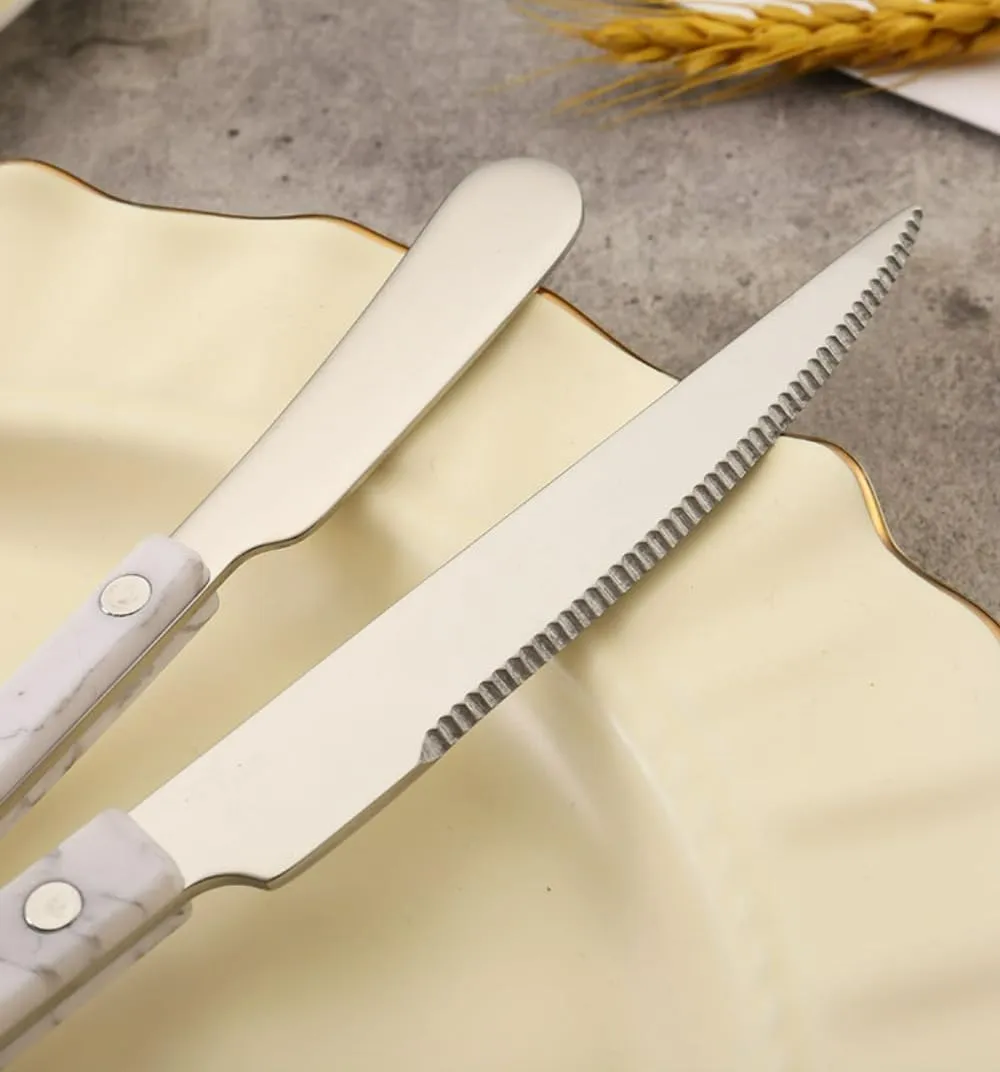 ABS Rivet Handle Marble Pattern Handle Kitchen Stainless Steel Silverware Tableware Flatware Cutlery Knives Forks Spoons Set,Butter Knife Dessert Spoon Fork (5-piece set -4 set,White)