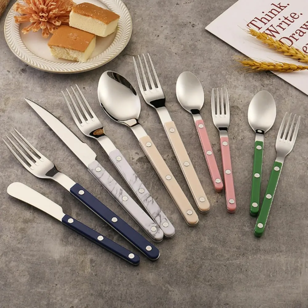 ABS Rivet Handle Marble Pattern Handle Kitchen Stainless Steel Silverware Tableware Flatware Cutlery Knives Forks Spoons Set,Butter Knife Dessert Spoon Fork (5-piece set -4 set,White)