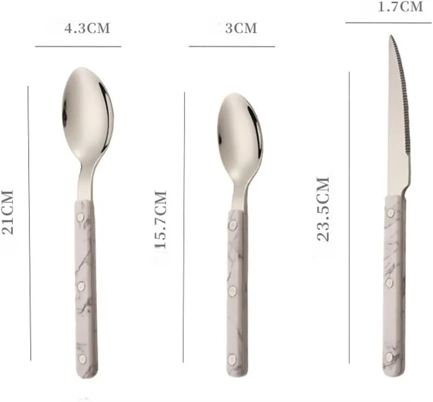 ABS Rivet Handle Marble Pattern Handle Kitchen Stainless Steel Silverware Tableware Flatware Cutlery Knives Forks Spoons Set,Butter Knife Dessert Spoon Fork (5-piece set -4 set,White)