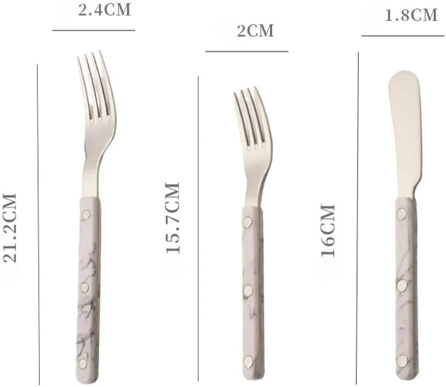 ABS Rivet Handle Marble Pattern Handle Kitchen Stainless Steel Silverware Tableware Flatware Cutlery Knives Forks Spoons Set,Butter Knife Dessert Spoon Fork (5-piece set -4 set,White)