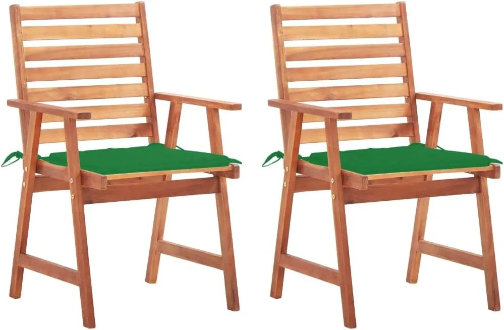 Acacia Wood Patio Dining Chairs Set of 2 with Green Cushions, Outdoor Furniture for Garden Terrace Poolside, Rustic Solid Wood Lounge Chairs for Camping Beach Backyard