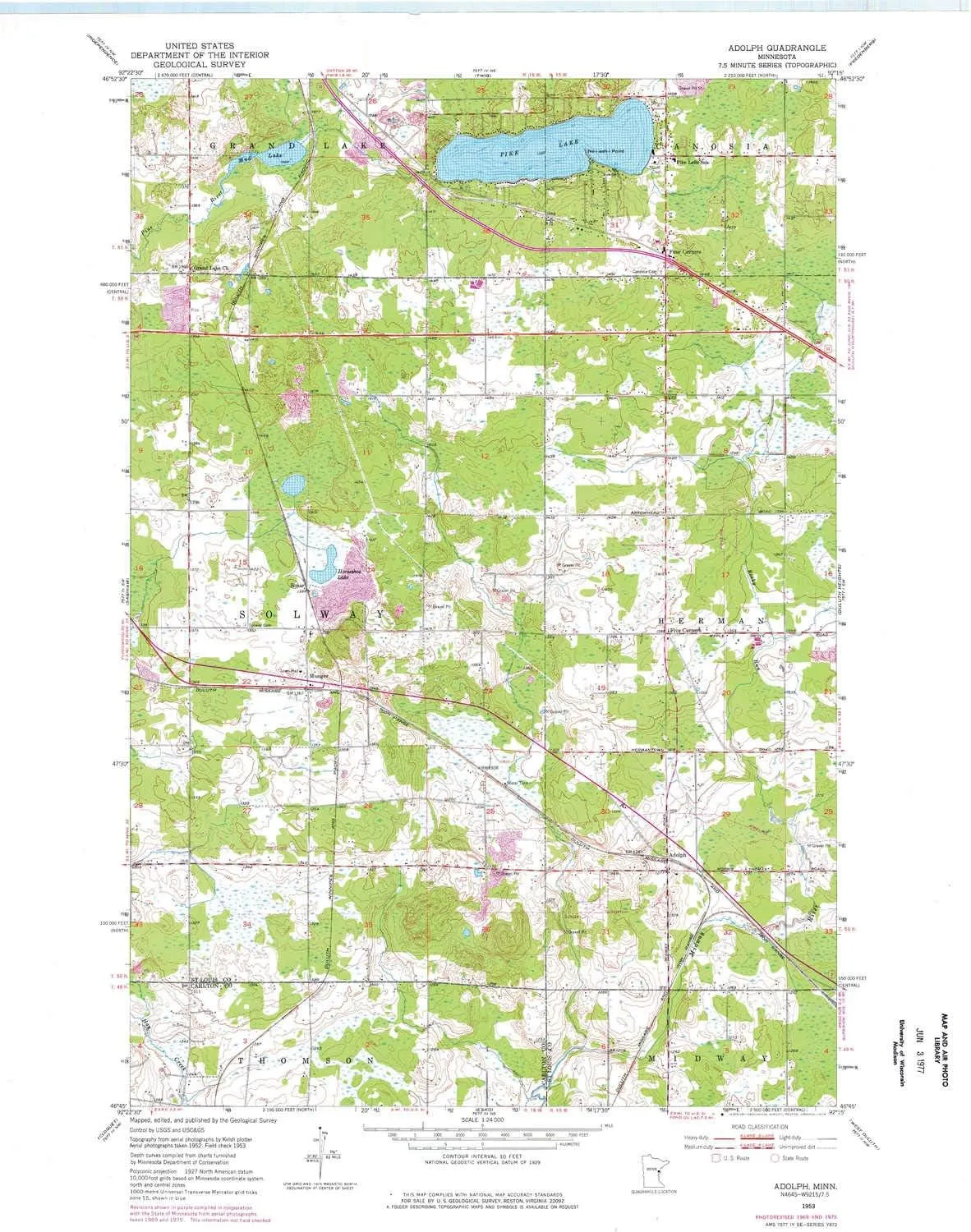Adolph MN topo map, 1:24000 Scale, 7.5 X 7.5 Minute, Historical, 1953, Updated 1976, 27.23 x 21.53 in
