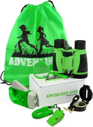 Adventure Kidz Outdoor Exploration Kit, Children’s Binoculars with Case, Flashlight, Compass, Whistle, Magnifying Glass, Backpack. Great Kids Gift Set for Camping, Hiking, STEM and Pretend Play