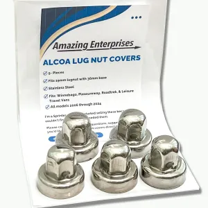 Alcoa, Lug Nut Covers, Caps (5 Pieces) Sprinter-Winnebago-Roadtrek-PleasureWay-Leisure Travel, Hide a Lug, 19mm, Stainless Steel, 000135, 000120, Set of 5 LugNuts, All Models: 2006 Through 2023
