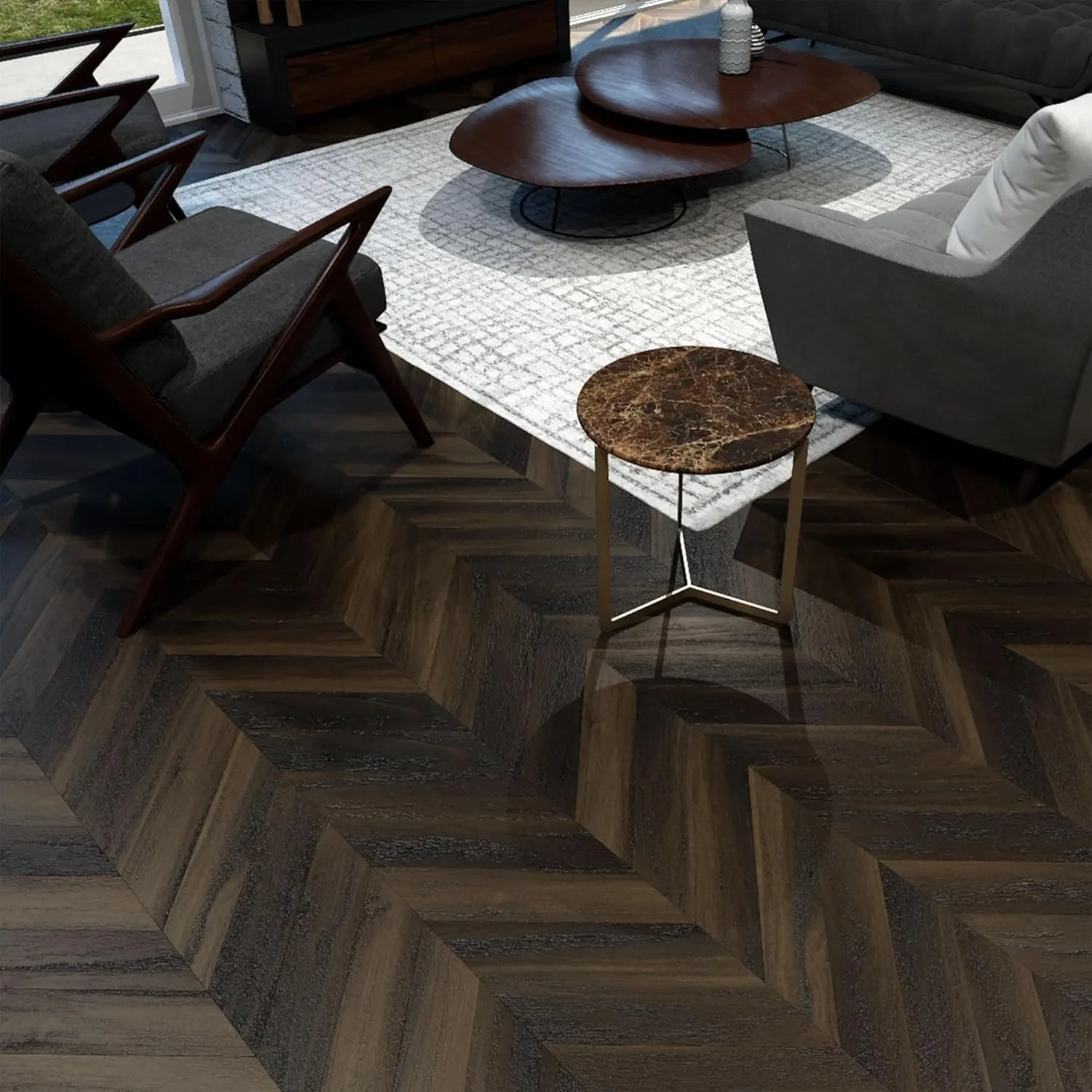 Allure 12" x 28" x 8mm, 12mil Luxury Vinyl, 45 Degree Chevron Flooring,Buckeye Black Walnut, Embossed, Waterproof, (8 Planks), (18.87 sqft/case)
