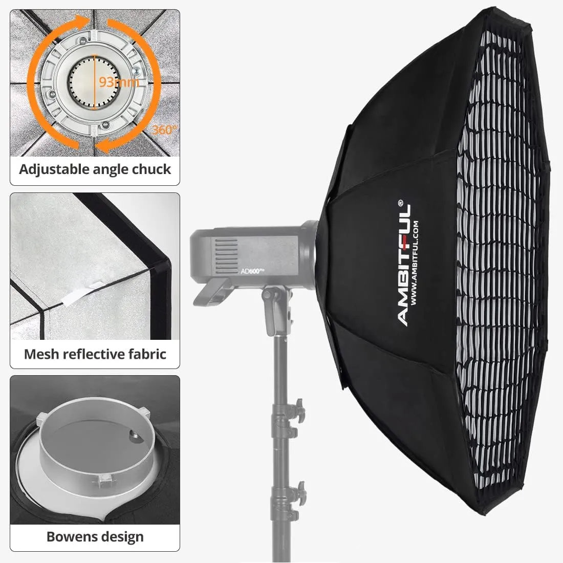 AMBITFUL FW95 95cm/37inch Octagon Honeycomb Grid Bowens softbox, with Honeycomb Grid   Carrying Bag, for Bowens Mount lamp(FW95 95cm/37inch)