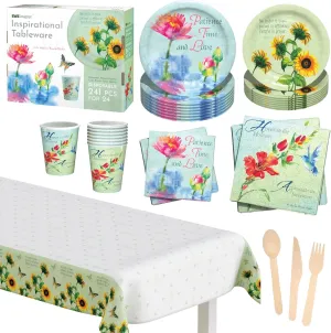 American Design 241pcs Inspirational Floral pattern Disposable Party Supplies Dinnerware Set For 24 Guests Tableware Kit Tablecover Paper Plates Cups Napkins Cutlery Certified for food safety