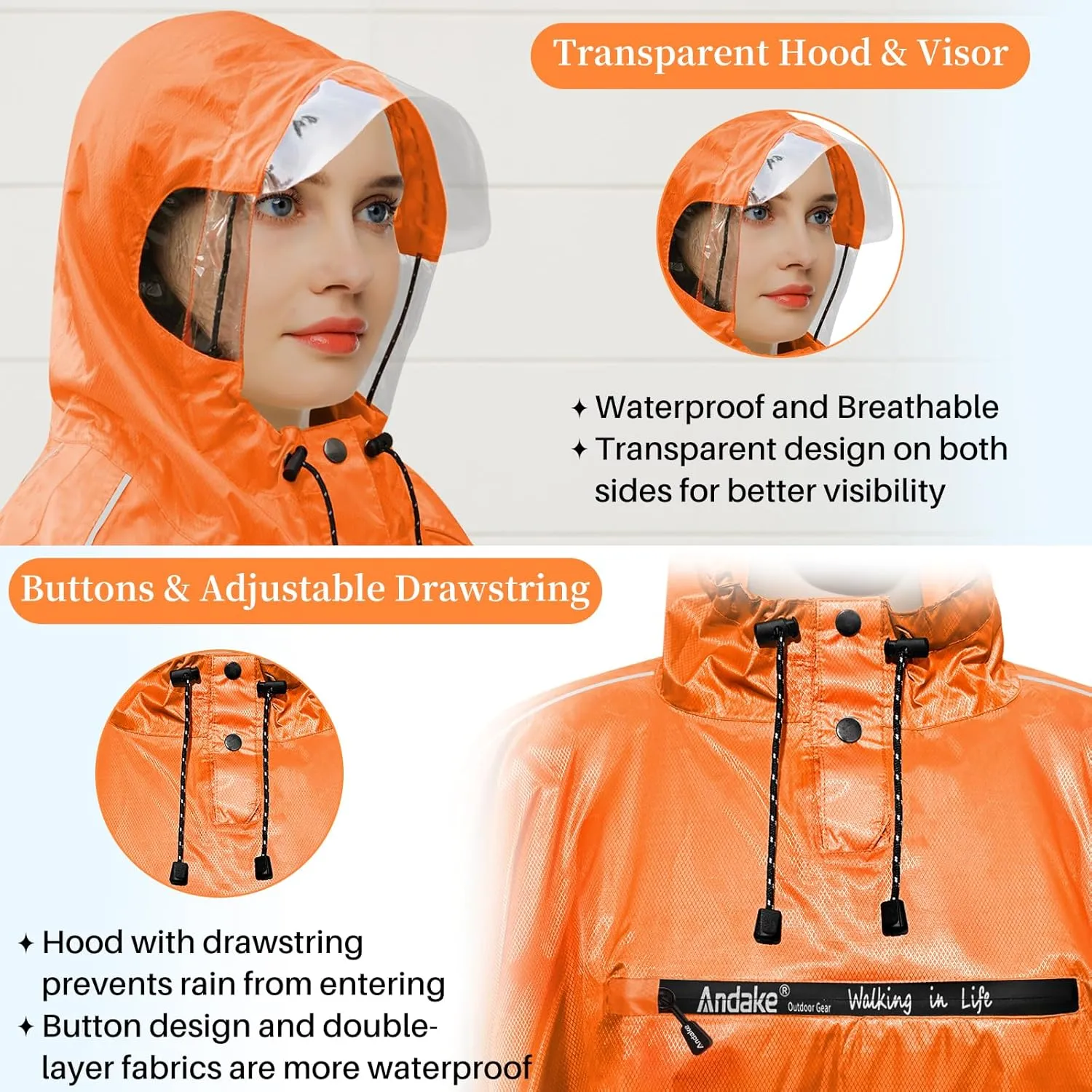 Andake Hooded Rain Poncho for Adults Waterproof Lightweight Raincoat for Men & Women Reusable Rain Ponchos for Cycling