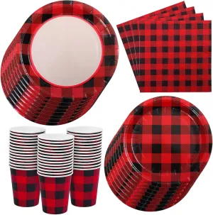 Aneco 200 Pieces Red and Black Buffalo Plaid Dinnerware for 50 Guests Disposable Buffalo Check Paper Plates Cups and Napkins Tableware for Baby Shower Party Decorations