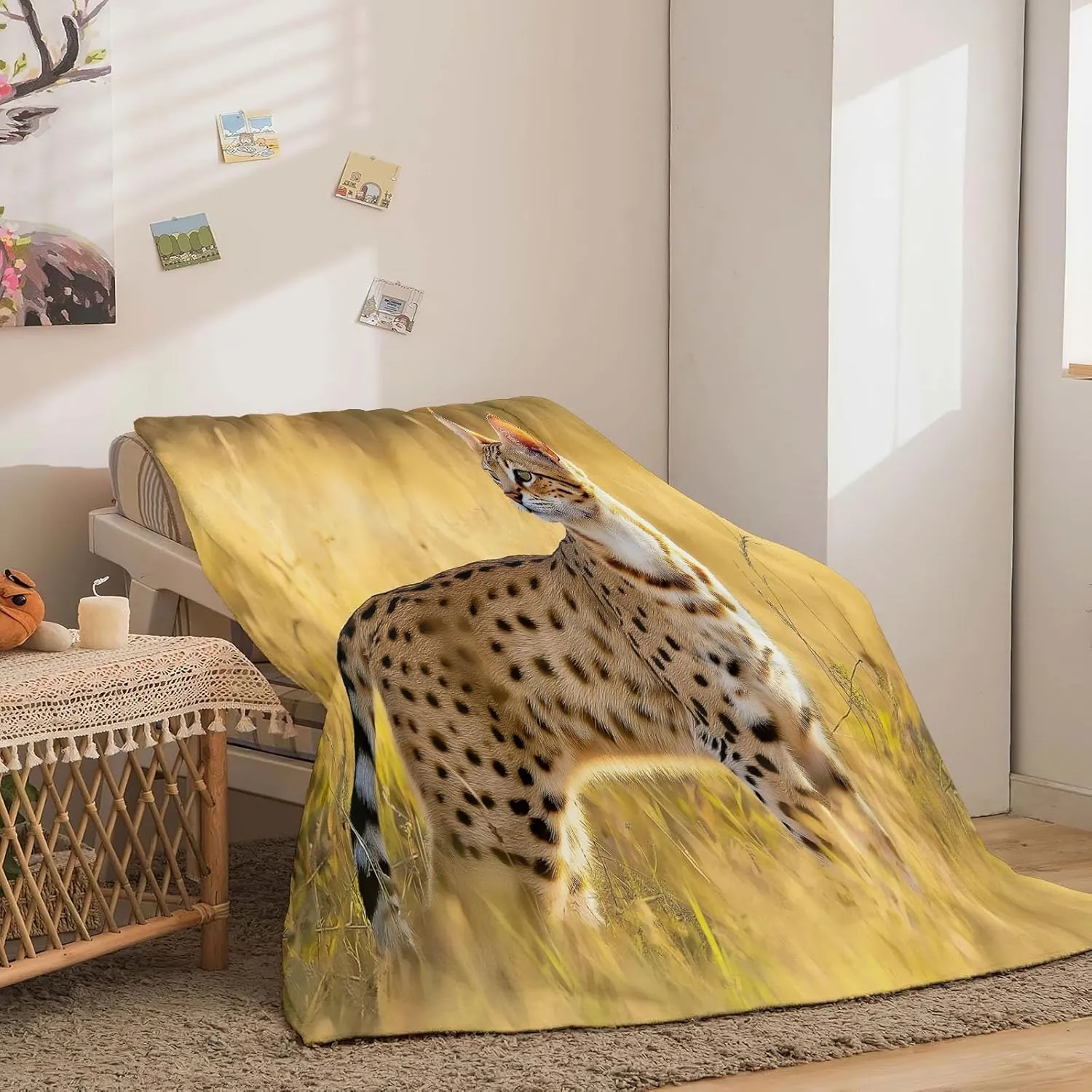 Animal Print Patterned Throw Blanket with Soft Sherpa Lining, Animal Print Prairie Cat Warm Throw for Camping, Outdoor, 80 x 90 in Light Weight Cozy Blanket for Couch, Sofa, Bed