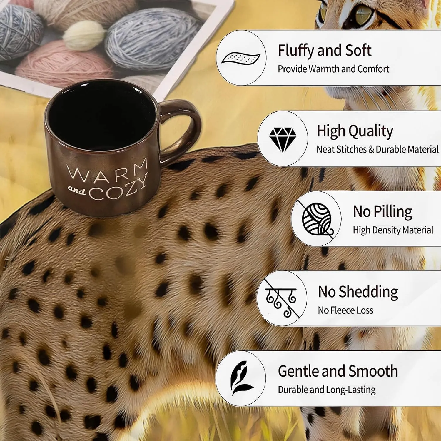Animal Print Patterned Throw Blanket with Soft Sherpa Lining, Animal Print Prairie Cat Warm Throw for Camping, Outdoor, 80 x 90 in Light Weight Cozy Blanket for Couch, Sofa, Bed