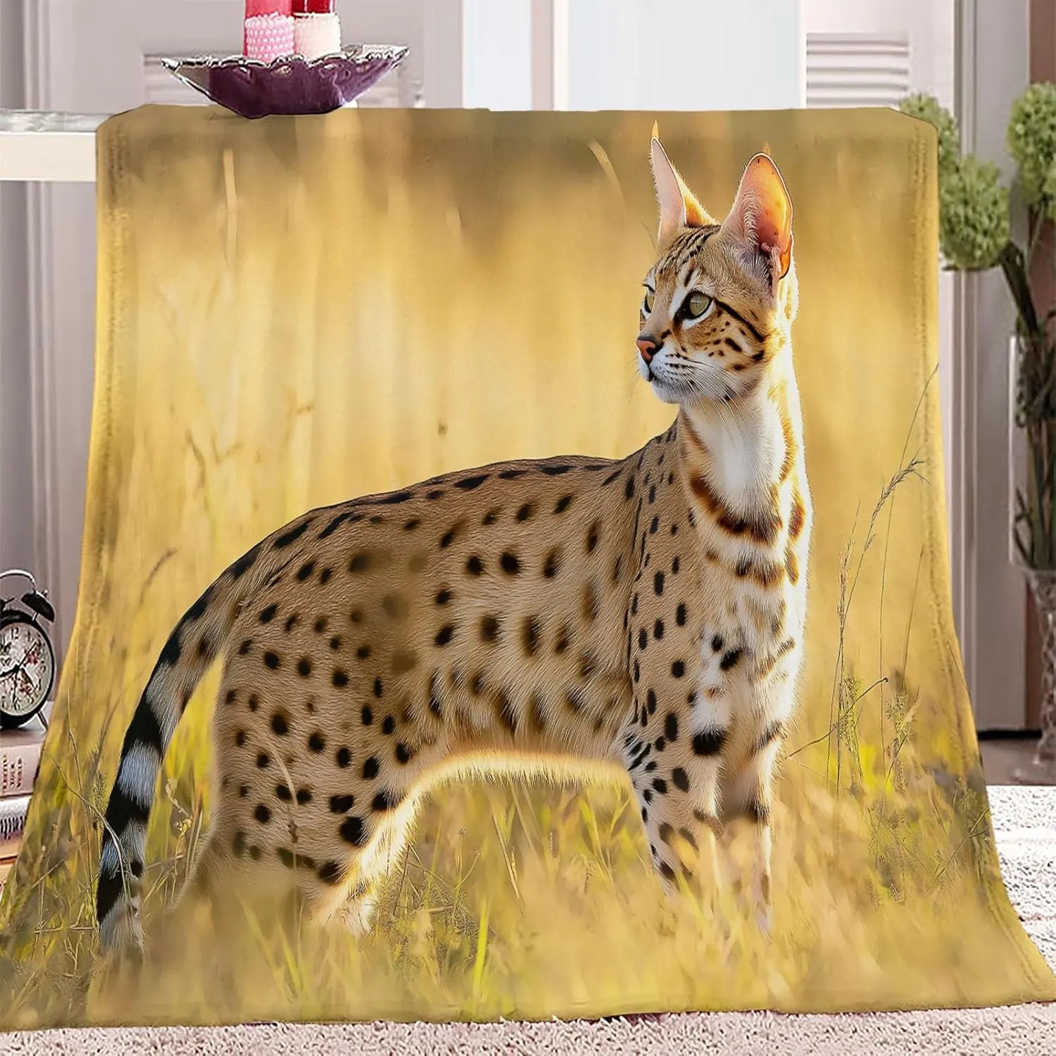Animal Print Patterned Throw Blanket with Soft Sherpa Lining, Animal Print Prairie Cat Warm Throw for Camping, Outdoor, 80 x 90 in Light Weight Cozy Blanket for Couch, Sofa, Bed