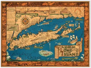 Antiguos Maps Beautiful Pictorial Illustration of Long Island, New York circa 1933 | Queens, Nassau and Suffolk | Art Print Poster Vintage Wall Decor | 24 x 36 inches