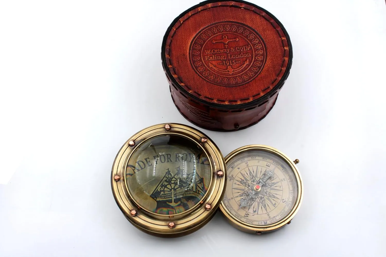 Antique Brass Compass with Magnifying Glass and Leather Case, Metal Hiking Compass with Field Magnifying Glass for Map Reading, Professional Antique Brass Compass Gift for Men, Gifts for Son
