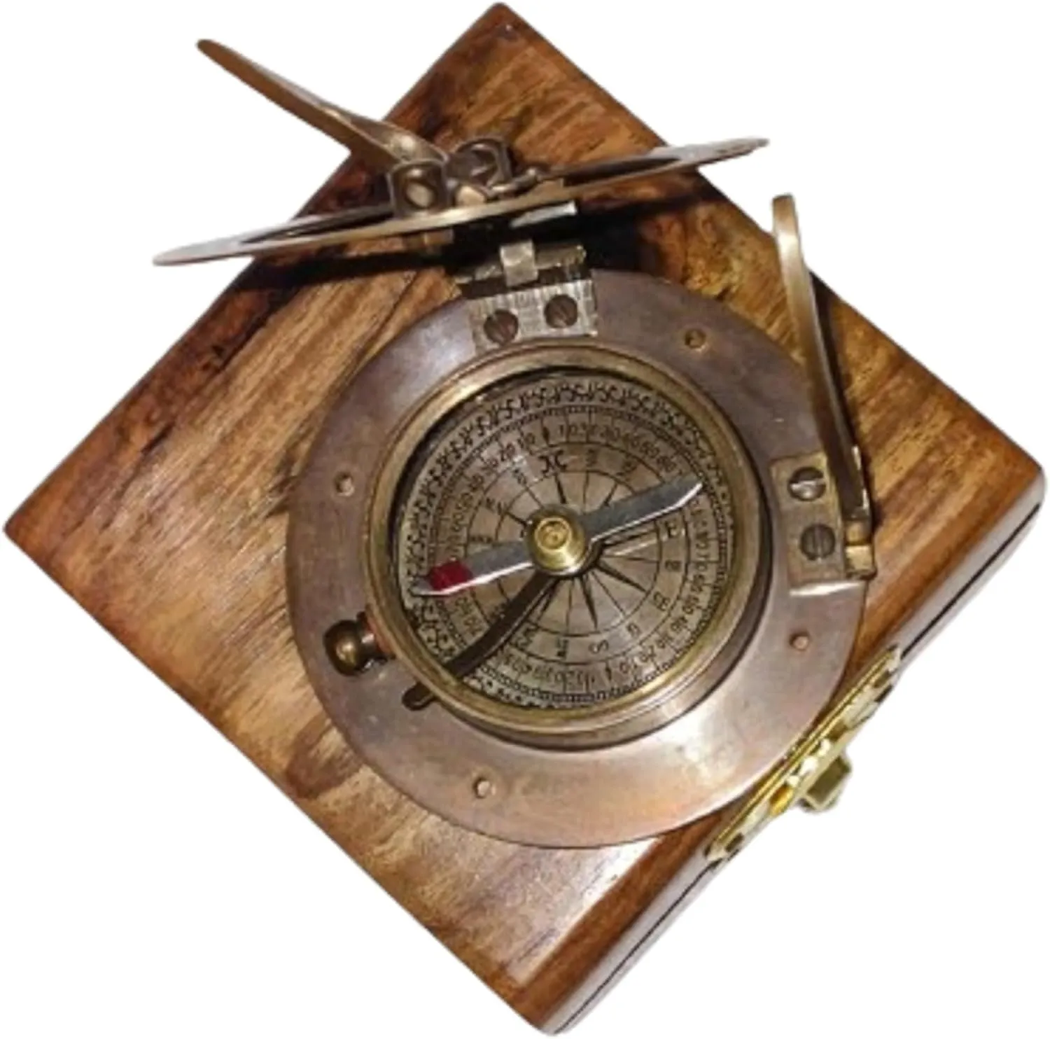 Antique Brass Sundial Compass with Wooden Box Nautical Map Reader 3 Inches Glass Magnifying Compass for Navigation Traveling Camping Hiking Maritime Tool