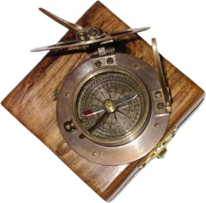 Antique Brass Sundial Compass with Wooden Box Nautical Map Reader 3 Inches Glass Magnifying Compass for Navigation Traveling Camping Hiking Maritime Tool