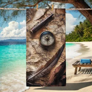 Antique Map Compass Beach Towel Vintage Nautical Decor Quick Dry Absorbent Soft Sand Free Lightweight Tapestry, Travel Camping Pool Picnic Essentials 62x31 Inch