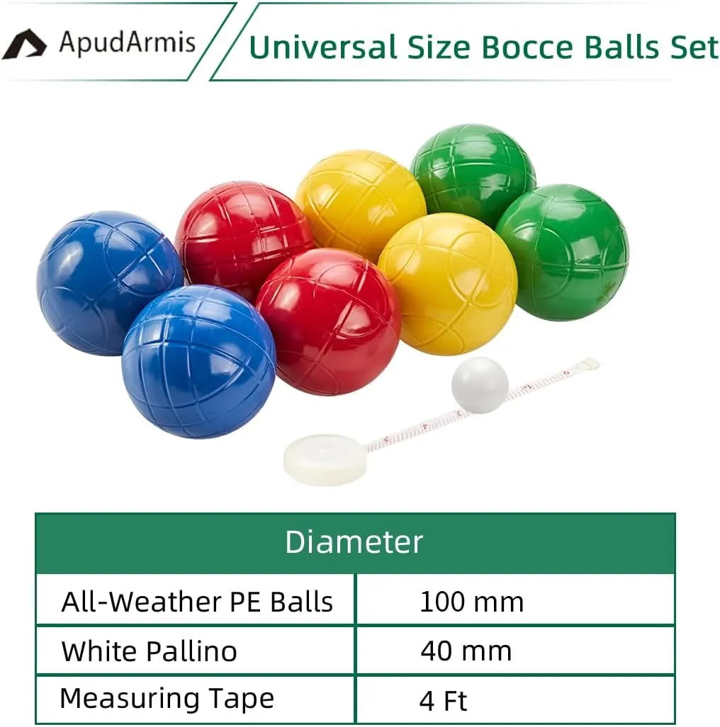 ApudArmis 100mm Bocce Balls Set, Lighter Outdoor Bocce Game for Backyard/Lawn/Beach - Set of 8 Soft PE Balls & 1 Pallino & Nylon Carrying Case & Measuring Tape for Kids Teens Beginners
