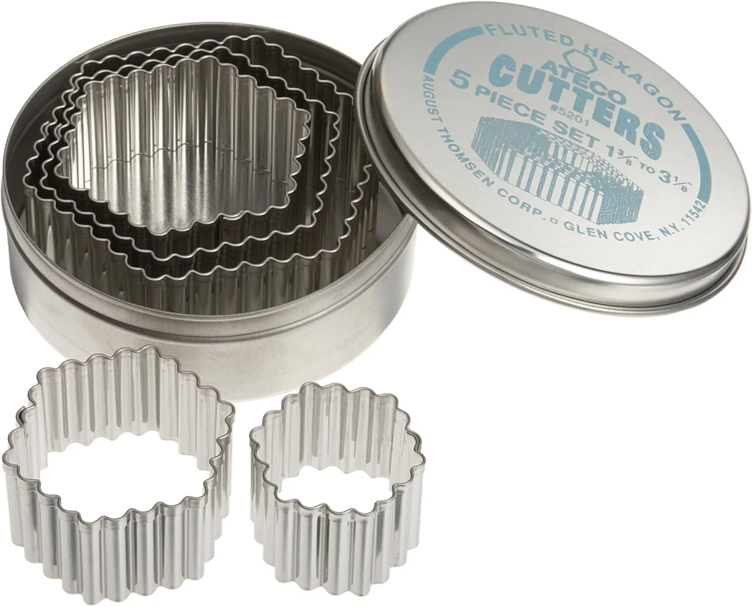 Ateco Fluted Edge Hexagon Cutters in Graduated Sizes, Stainless Steel, 5 Pc Set