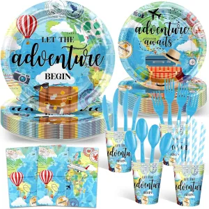 Avezano 192 Pcs Bon Voyage Party Decorations Travel Map Plates and Napkins Let the Adventure Begin Decorations Dinnerware for Baby Shower Birthday Party Serve 24