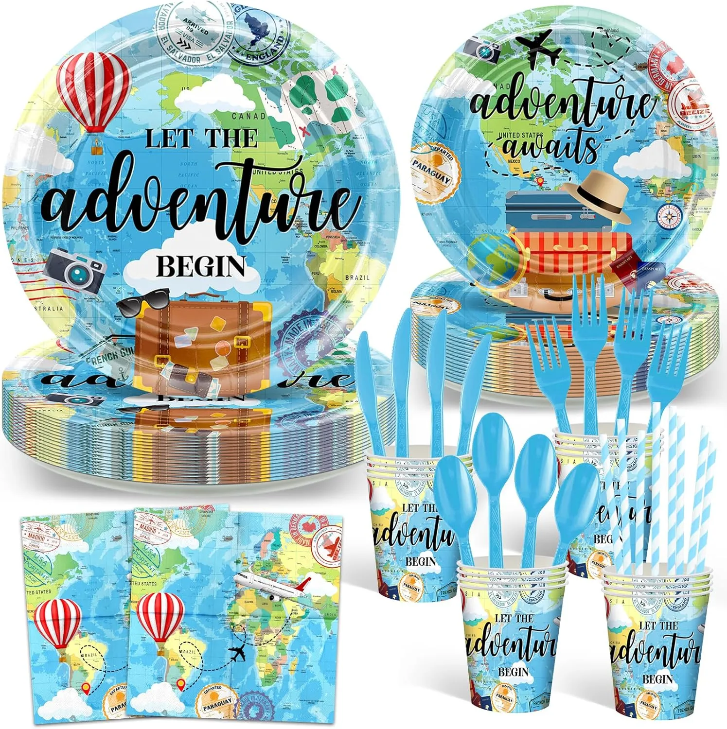 Avezano 192 Pcs Bon Voyage Party Decorations Travel Map Plates and Napkins Let the Adventure Begin Decorations Dinnerware for Baby Shower Birthday Party Serve 24