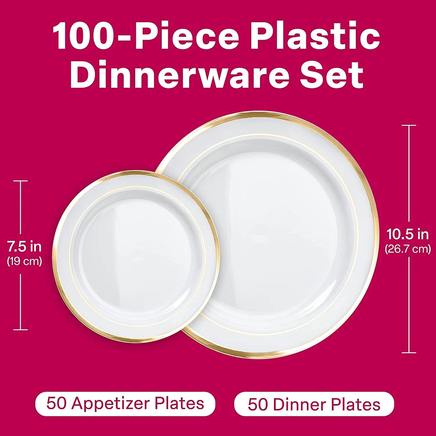 Aya's Cutlery Kingdom 100 Disposable White Plastic Plates with Gold Trim - Includes 50 (10-Inch) Plastic Dinner and 50 (7.5-Inch) Salad Dessert Plates - Heavy Duty and Elegant Tableware
