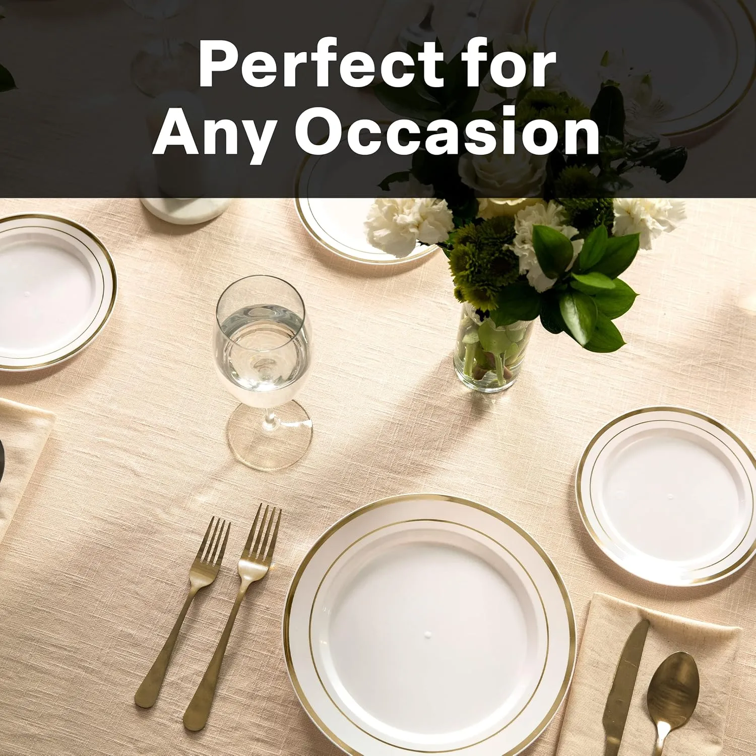 Aya's Cutlery Kingdom 100 Disposable White Plastic Plates with Gold Trim - Includes 50 (10-Inch) Plastic Dinner and 50 (7.5-Inch) Salad Dessert Plates - Heavy Duty and Elegant Tableware