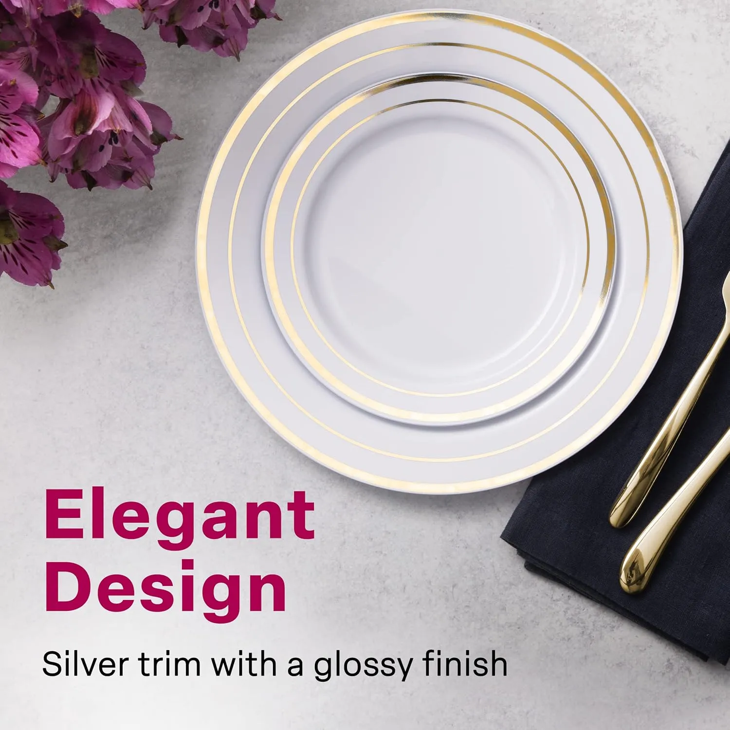 Aya's Cutlery Kingdom 100 Disposable White Plastic Plates with Gold Trim - Includes 50 (10-Inch) Plastic Dinner and 50 (7.5-Inch) Salad Dessert Plates - Heavy Duty and Elegant Tableware