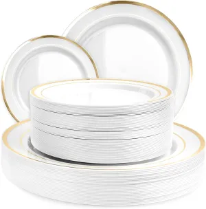 Aya's Cutlery Kingdom 100 Disposable White Plastic Plates with Gold Trim - Includes 50 (10-Inch) Plastic Dinner and 50 (7.5-Inch) Salad Dessert Plates - Heavy Duty and Elegant Tableware